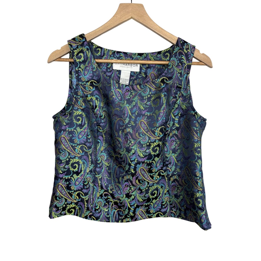 Sag Harbor Sleeveless Top Size 10P Paisley Brocade Blue Purple Classic Shimmer